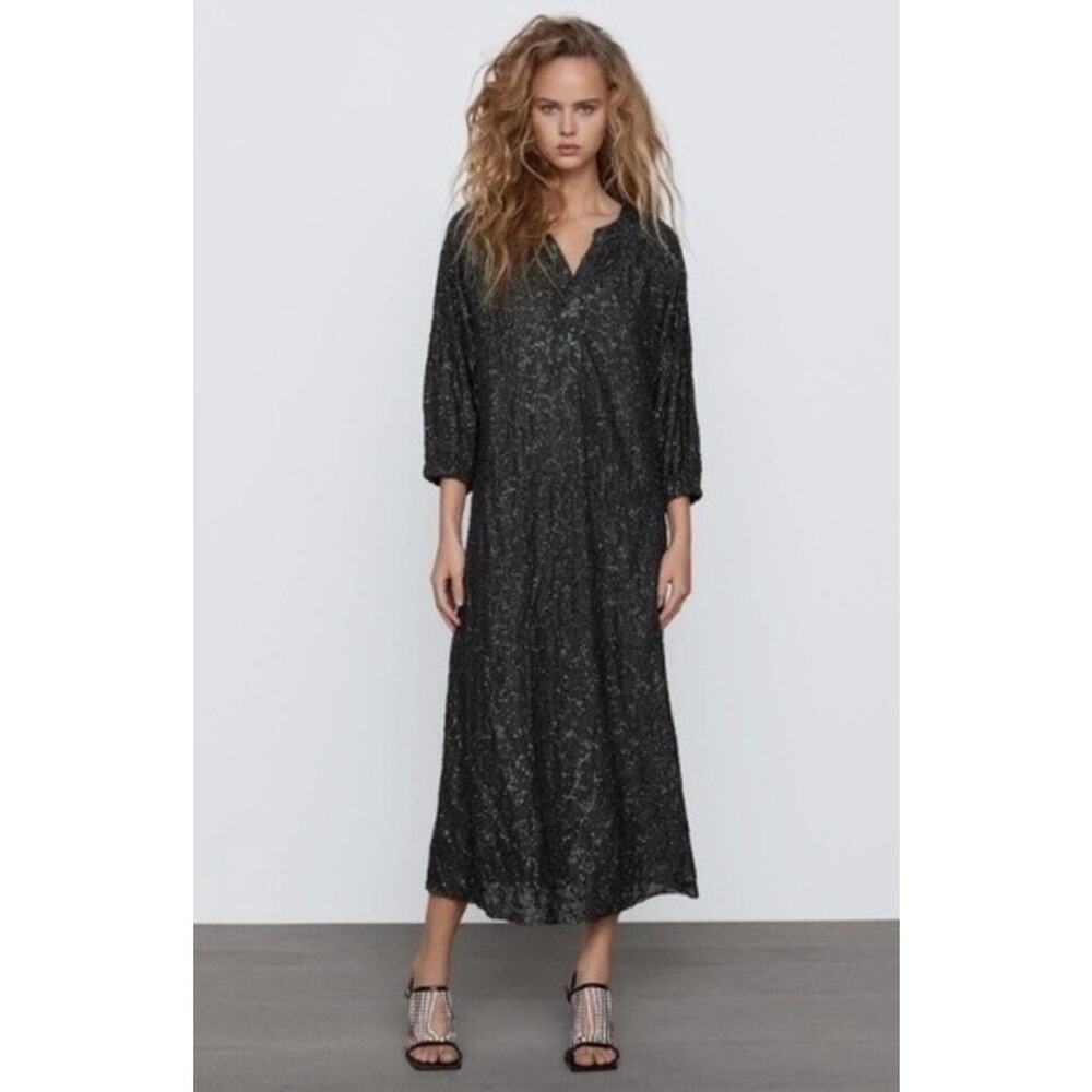 Zara Green Sequin Maxi Shirt Dress Small Limited Edition Party Formal Wedding